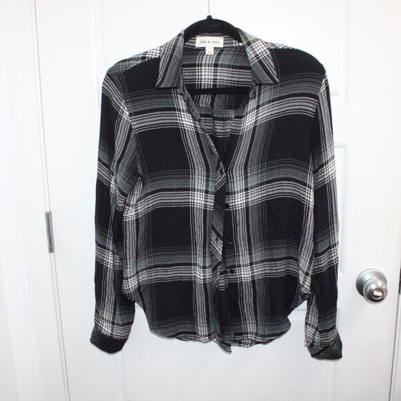 Anthropologie Cloth and Stone Plaid Button Down Shirt Black White Size XS - Picture 1 of 3